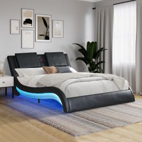 Faux Leather Upholstered Platform Bed Frame with led lighting,Bluetooth connection to play music control,Backrest vibration massage,Curve Design