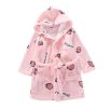 Girls Pink Strawberry Flannel Hooded Bathrobes Self Tie Soft Robe for Bath Homewear