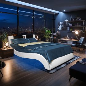 Faux Leather Upholstered Platform Bed Frame with led lighting, Bluetooth connection to play music control, Backrest vibration massage, Curve Design (Color: as Pic)